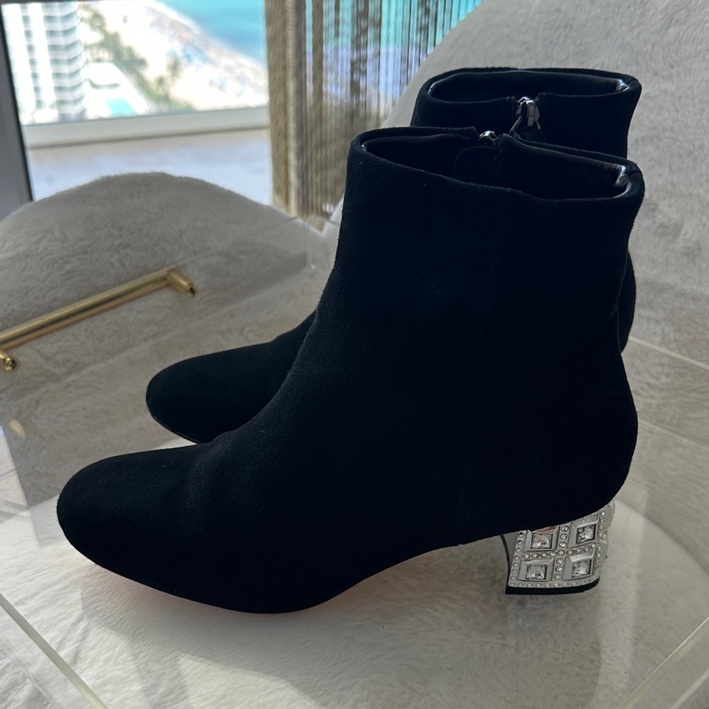Miu Miu Black Suede Ankle Boots with Crystal-Embellished Block Heel